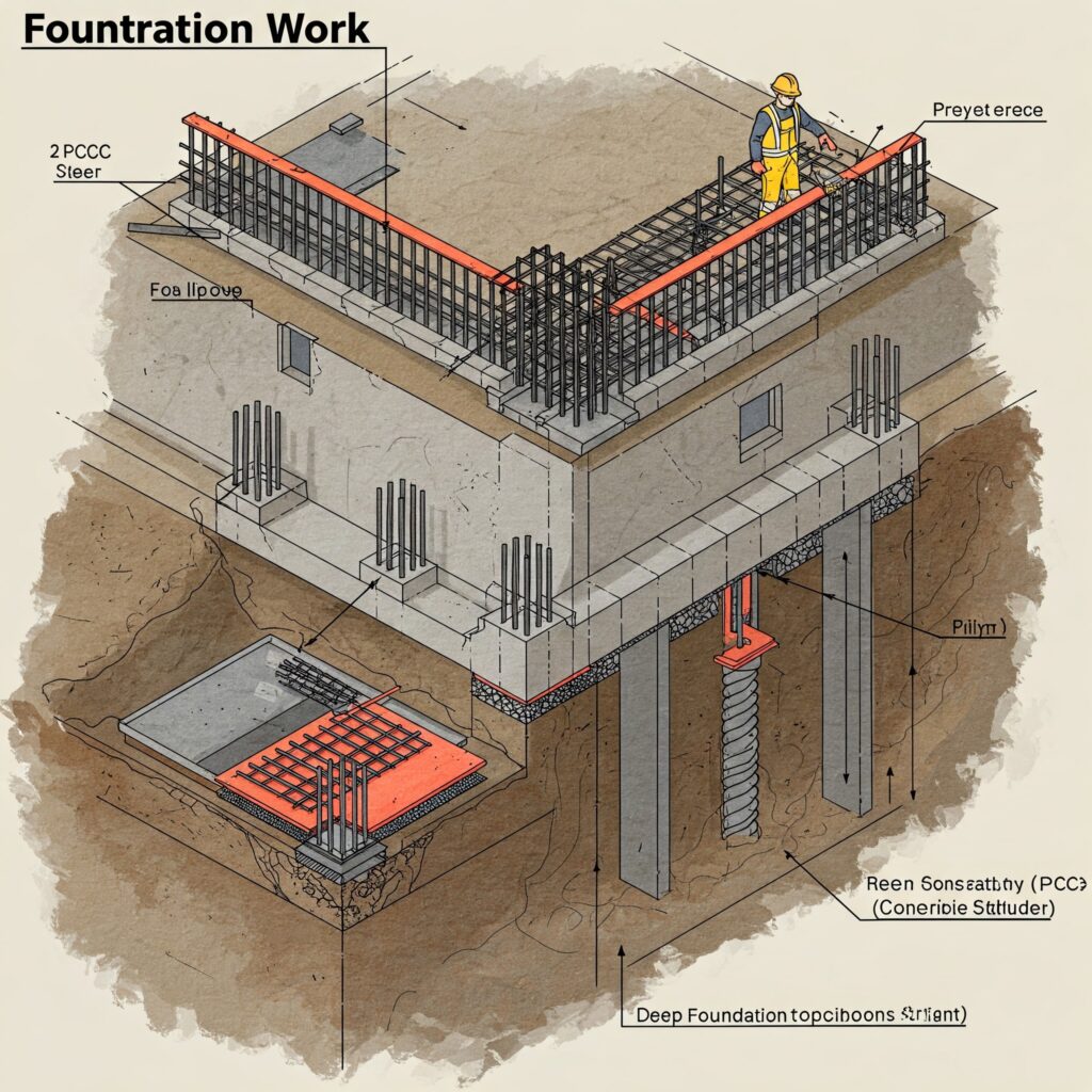 Foundation work (RCC, PCC, Piling)